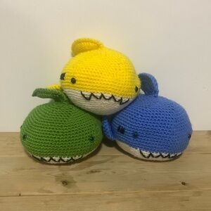 3 Handmade Crocheted Sharks Plush Stuffed Animals